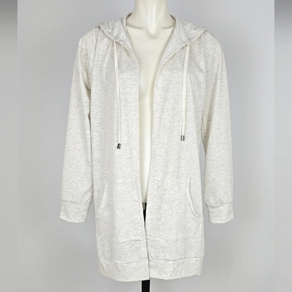 Cyrus Women's Cream Grey Open Front Hooded Long Lightweight Cardigan Pockets M